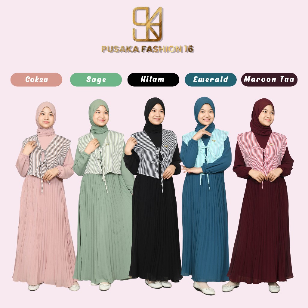 J4NNE Gamis anak remaja tanggung perempuan muslim plisket ceruty korean style rompi vest katun salur