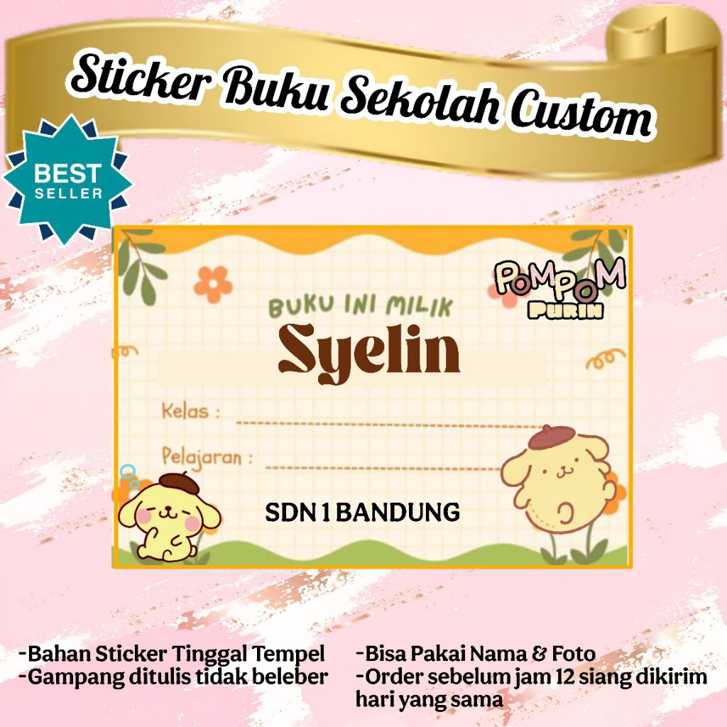 

(ISI 50 PCS) SUDAH ADA LEM STICKER LABEL BUKU SEKOLAH CUSTOM NAMA & FOTO MOTIF POMPOM PURIN