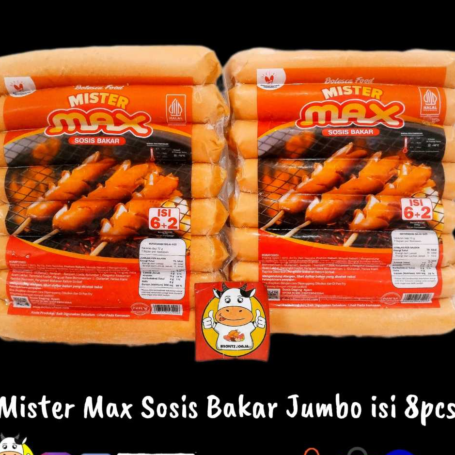 

SOSIS BAKAR MISTER MAX JUMBO KEMASAN BARU ISI 8 -FROZEN FOOD-BRONTZ JOGJA