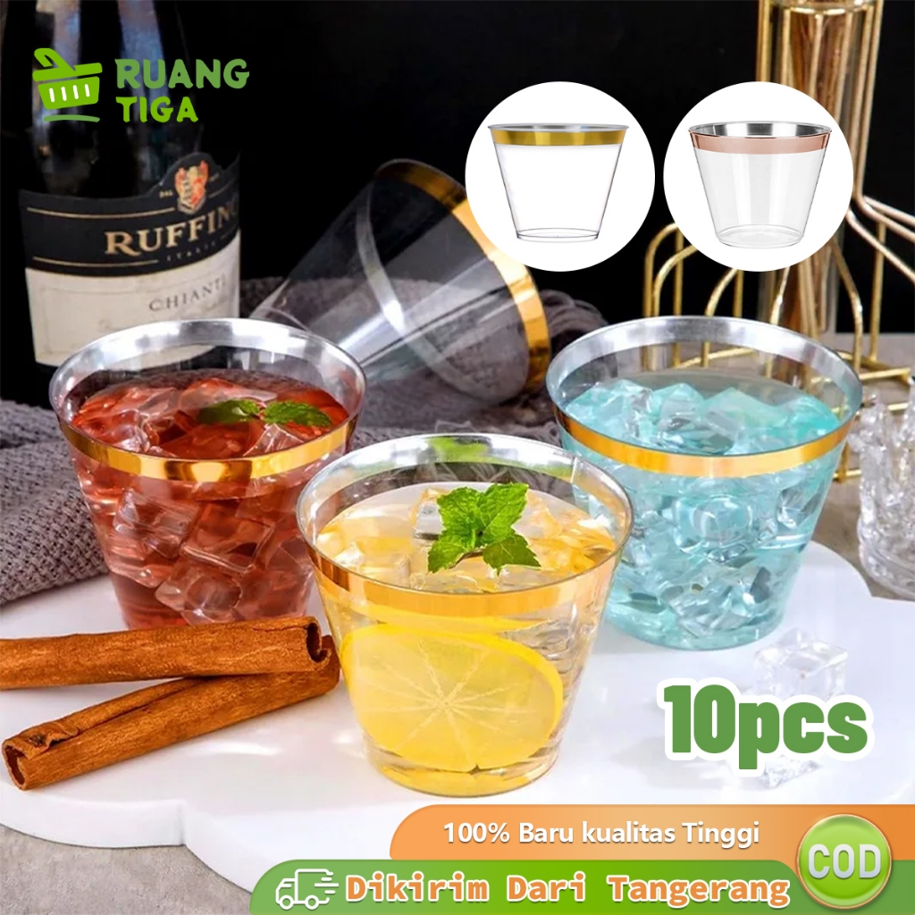 10pcs Gelas Plastik Bening Emas Party Cup Gelas Plastik Import Unik Seperti Kaca Gelas Anggur Plasti