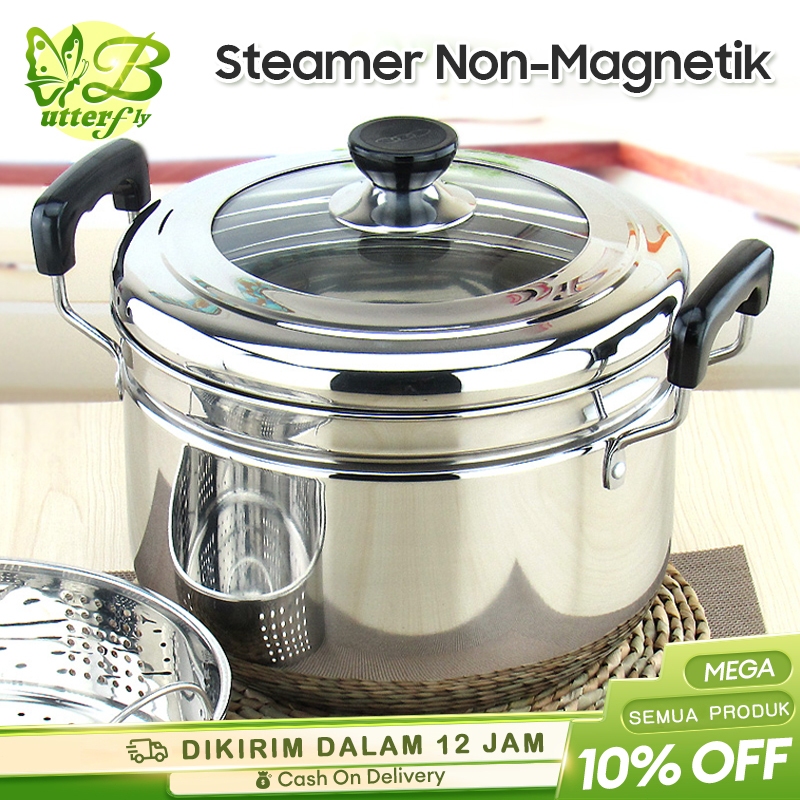 TERLARIS Omicko Panci kukusan tutup kaca ukuran besar Panci Kukus 2 Susun Panci Kukus Stainless