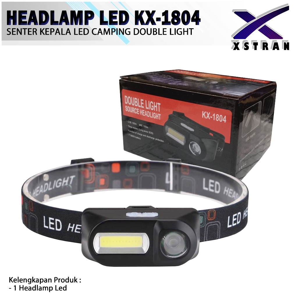 headlamp KX-1804 lampu led XPE cob senter kepala camping headlamp double light headlight kx1804