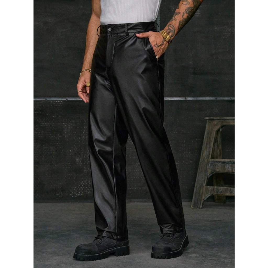 SAGA - Celana Panjang Pria Vintage Kulit Sintetis Imitasi Leather Pants Lurus Rebel Gengster Mafia