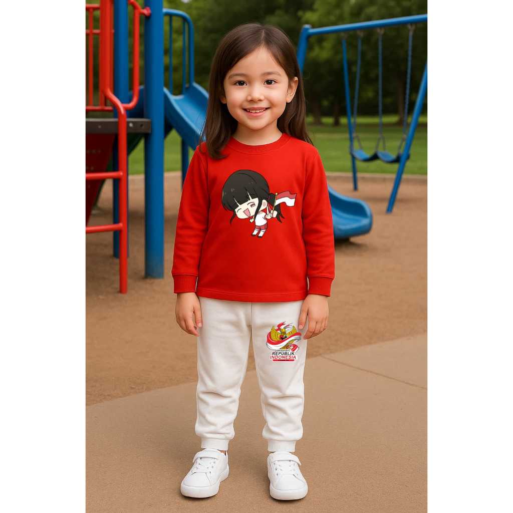 COREZIA - SETELAN PANJANG JOGER SWITER GADIS HAPPY MERAH PUTIH