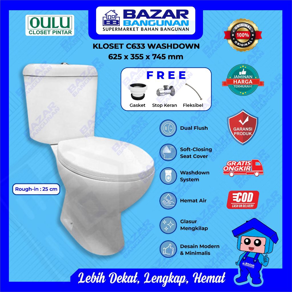 Oulu - Closet Kloset Toilet Duduk C633 Two Piece Dual Flush Soft Close Closing Wash Down AS 25 Toto