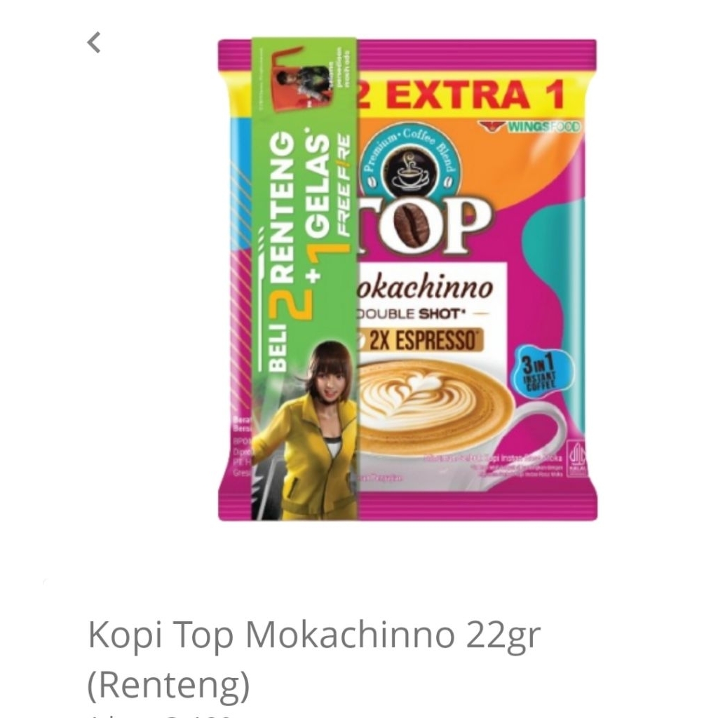 

Top Mokachinno Double Shot 2x Espresso 3in1 (Renceng)