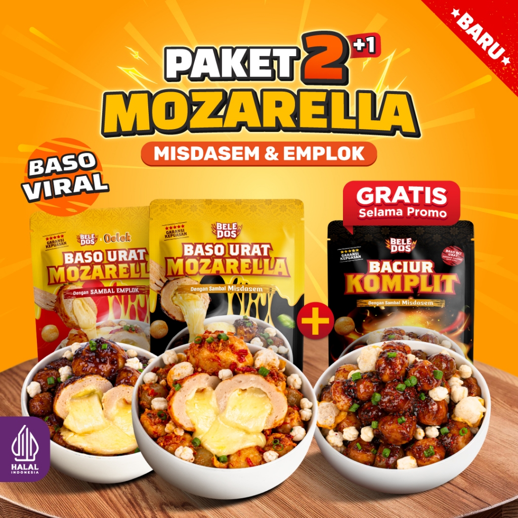 

[Promo Paket 2+1] Gratis Baciur Komplit - Beledos Baso Urat Keju Mozarella Misdasem dan Sambal Emplok / Baso Urat Keju Mozarella Misdaseum / Boci Baso Aci Keju Premium Pedas Gurih Sambal Emplok