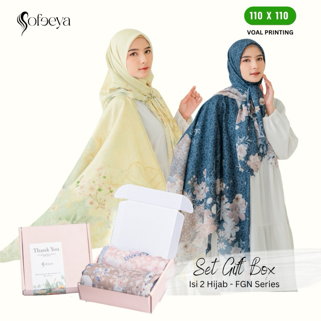 Hampers Sofeeya Jilbab isi paket 2 Jilbab Segi empat Voal free motif box untuk Souvenir(kode 1)
