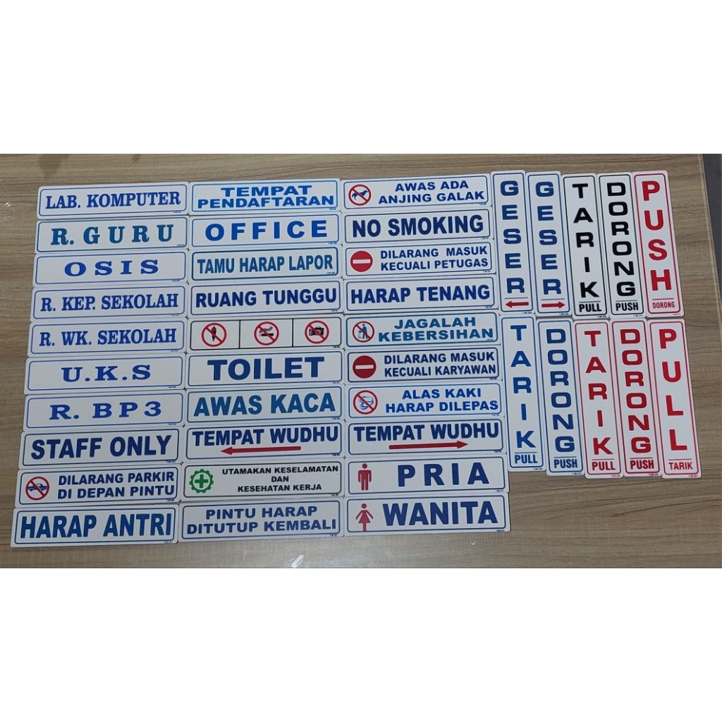 

Label Acrylic Background Putih | Tarik, Dorong, Geser, No Smoking, Pria, Wanita, Harap Antri, dll