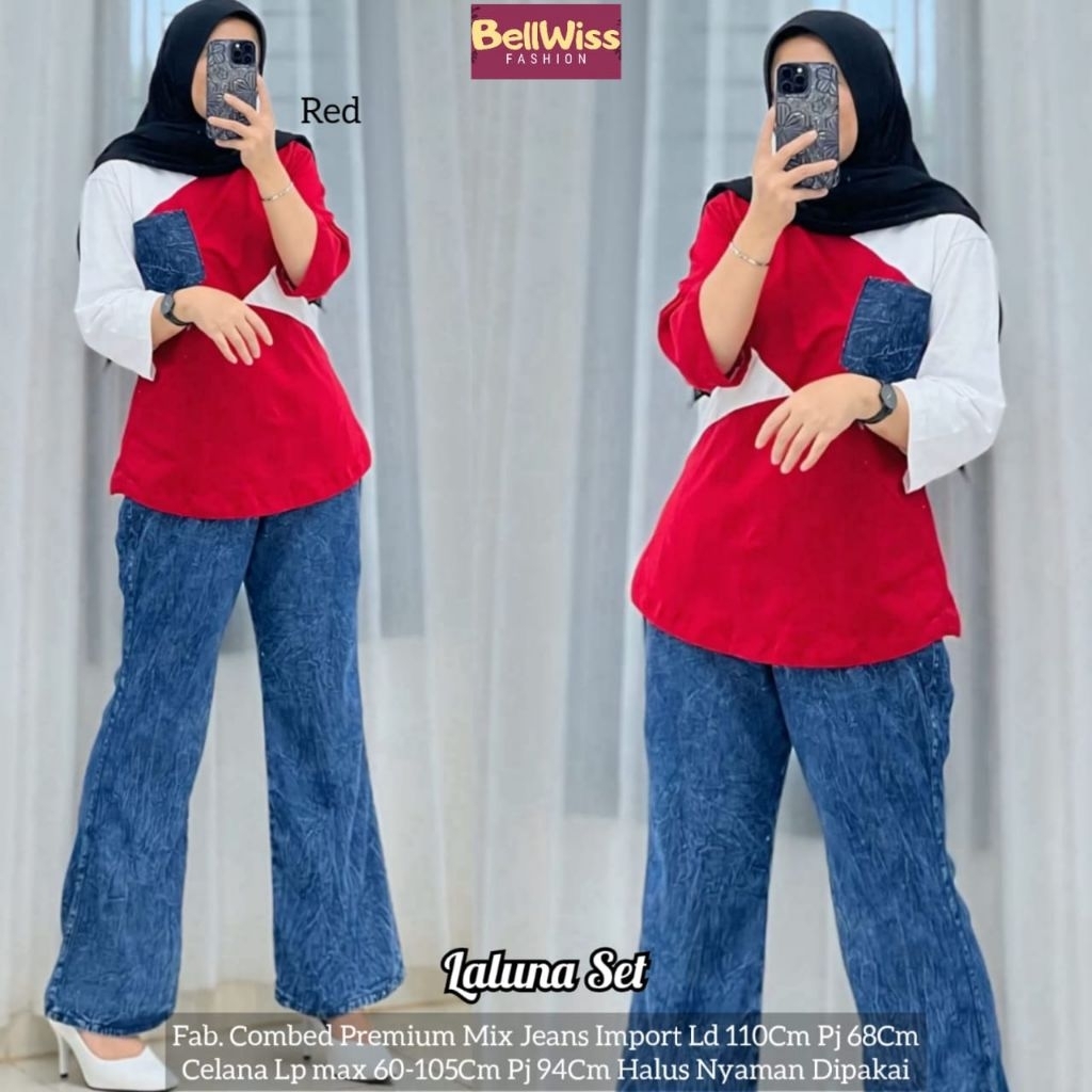Laluna Set Baju Wanita Kekinian Atasan Jeans Kombinasi & Celana Kulot Jeans - Nyaman & Modis