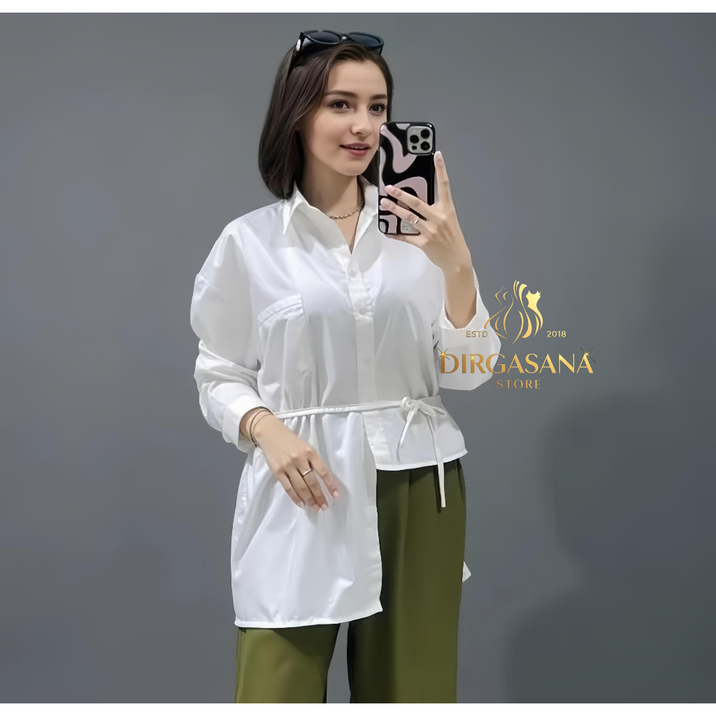 DIRGASANA - Kemeja Tunik Wanita Polos Elegan Lengan Panjang Kekinian