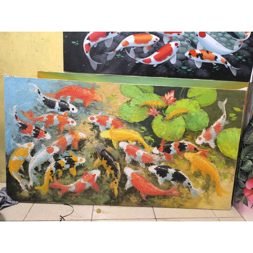 lukisan dinding ikan koi design tekstur timbul palet original handmade