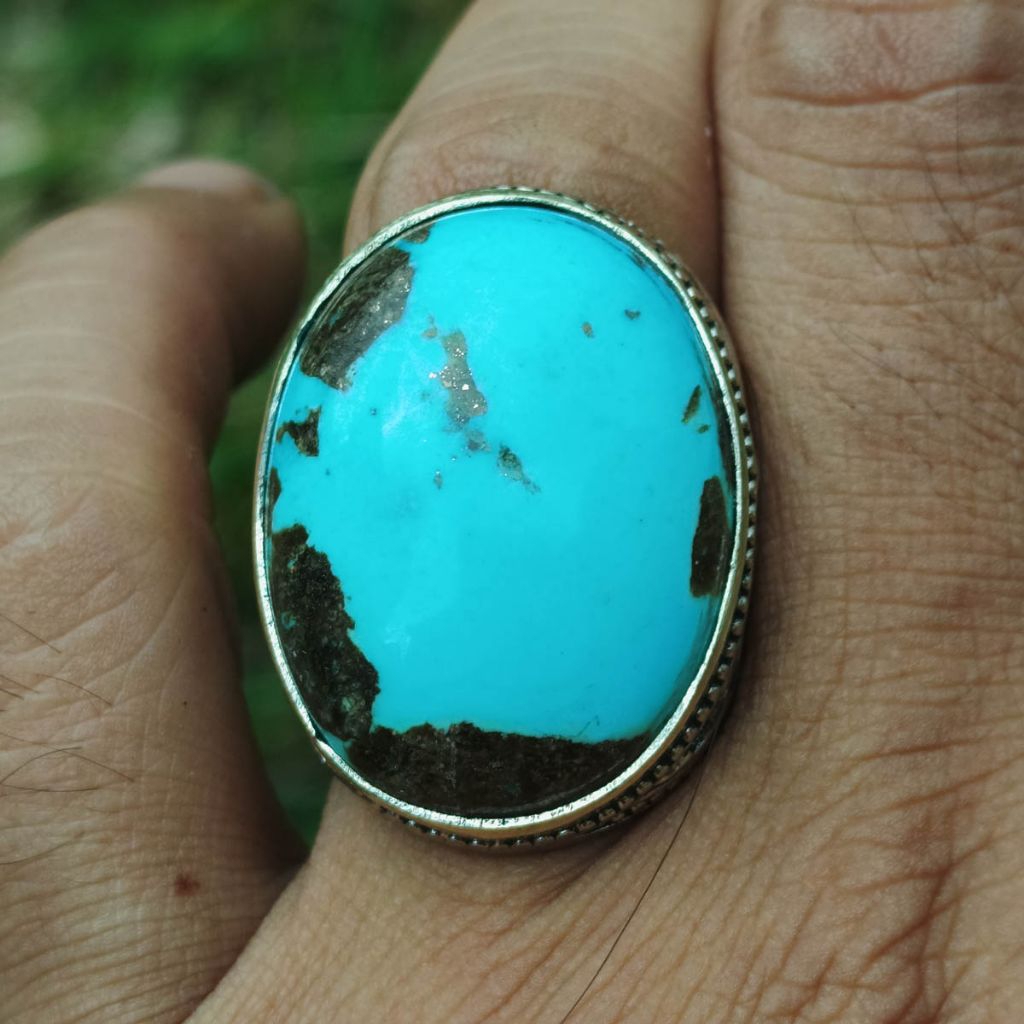Batu Natural Pirus Persia Biru Cerah Atas Bawah Porselen Matrik Hitam Jumbo Dim-30 Ring Keren Gagah