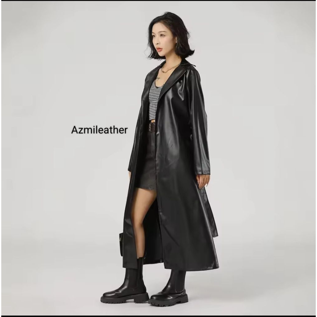 mantel kulit wanita / jaket panjang semi kulit / jaket musim dingin kerah lengan panjang
