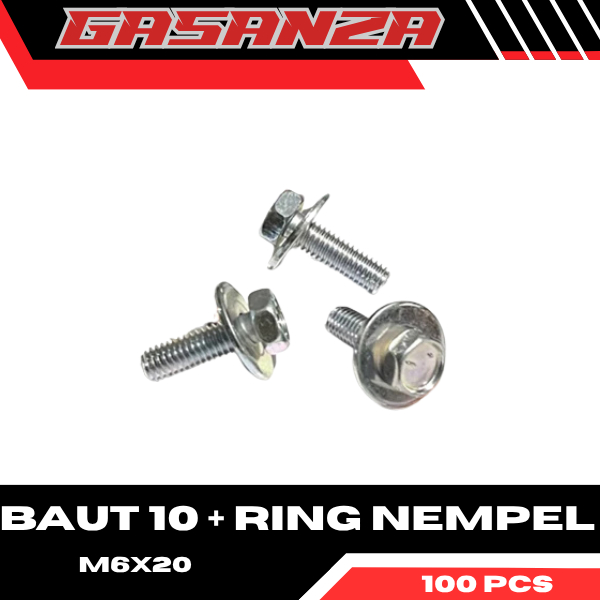 100 Biji Baut 10 + Ring Nempel 6x20 / Baut 10 Panjang 20mm Plus Ring Plat Putih