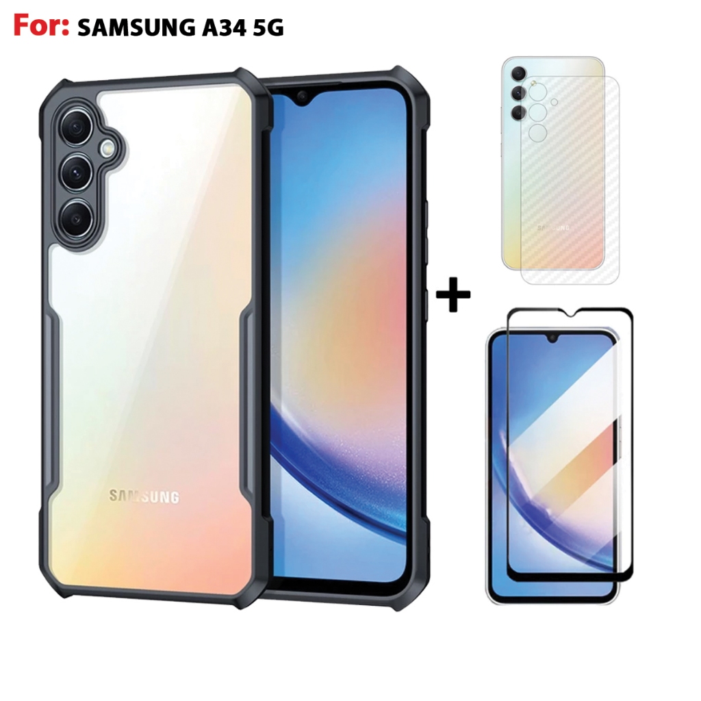 Paket 3in1 Case Samsung A34 5G Casing Transparan Free Tempered Glass Layar dan Garskin