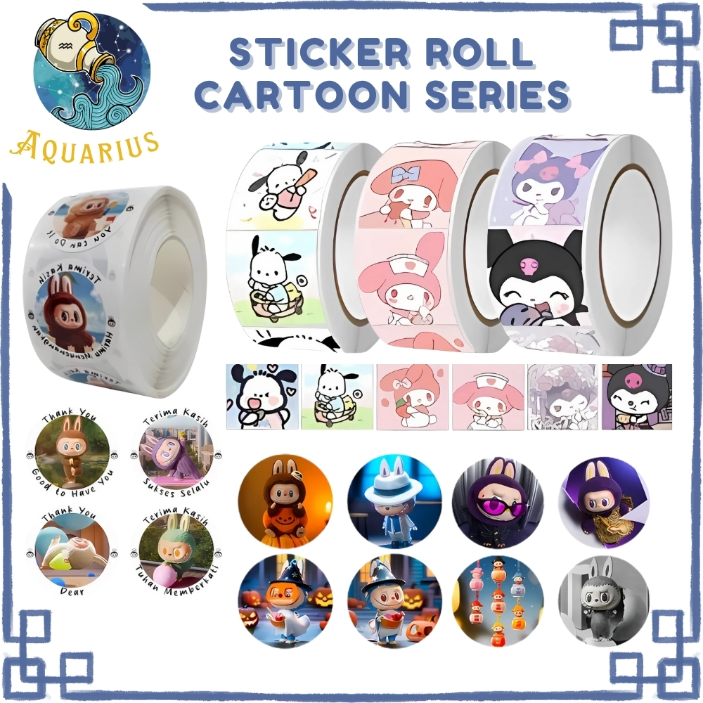 

AQR - Sticker Roll Labubu (500 Pcs) Stiker Lucu & Unik 2,5cm Stiker Sanrio Kuromi Capybara SS001
