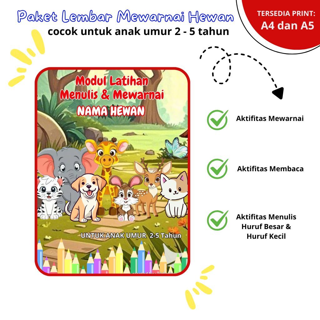 

Paket 25 Lembar Mewarnai dan Menulis Nama Hewan untuk anak umur 2-5 tahun cocok untuk anak PAUD atau TK