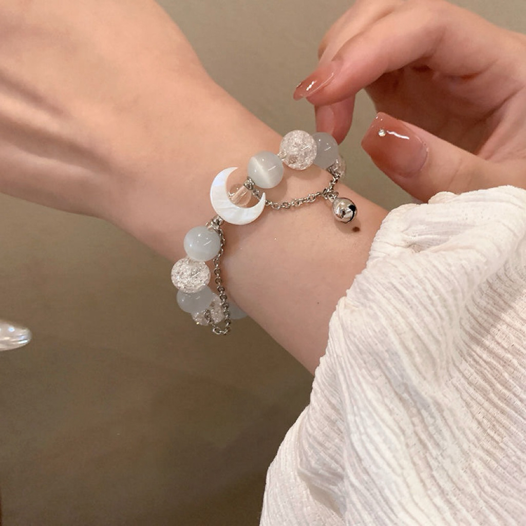 Gelang Tangan Manik Bulan Putih Giok Elastis Dengan Lonceng Aksesoris Fashion Tahan Lama