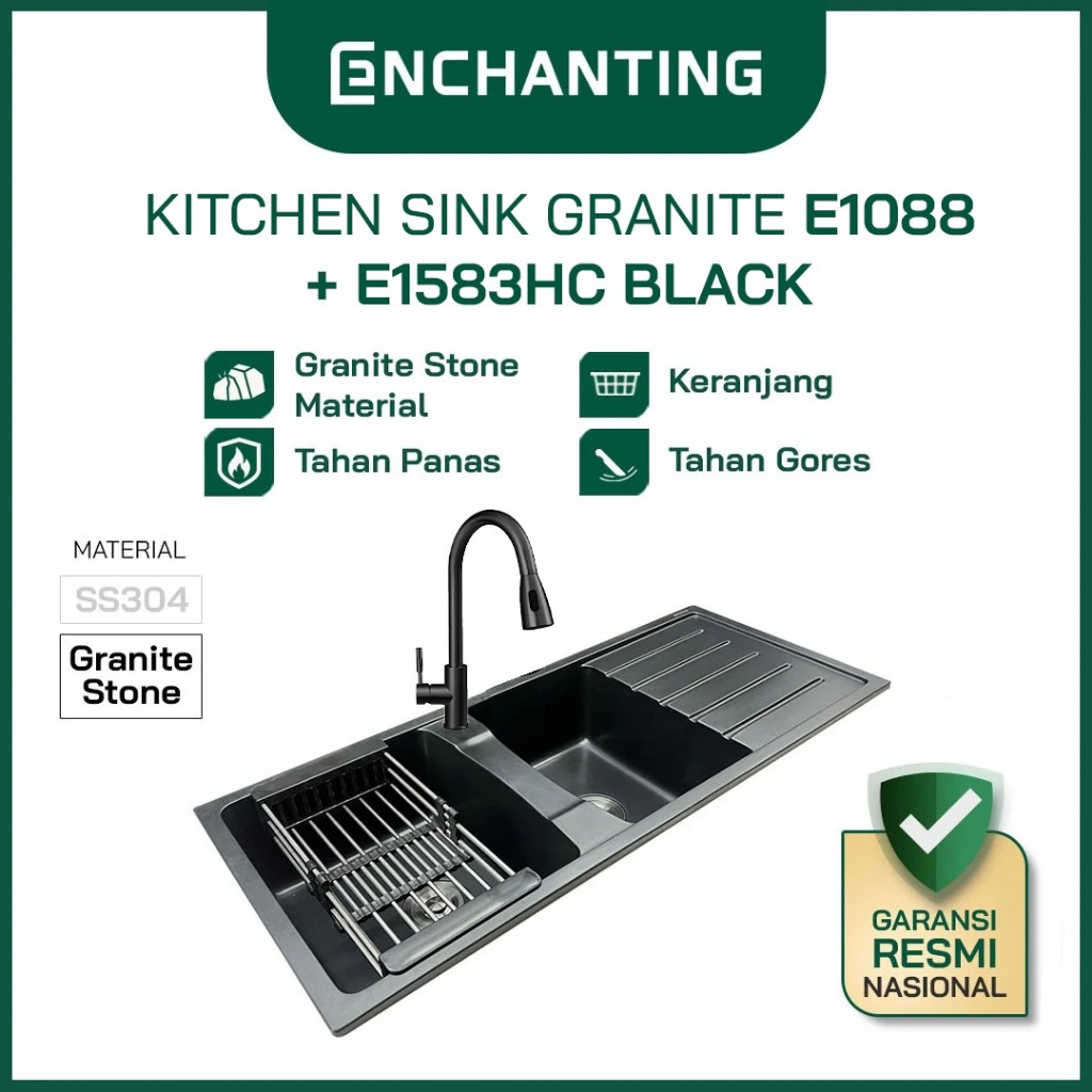 ENCHANTING E1088+E1583HC Black Kitchen Sink Bak Cuci Piring Dapur Granite 2 Bowl Topmount Black E108