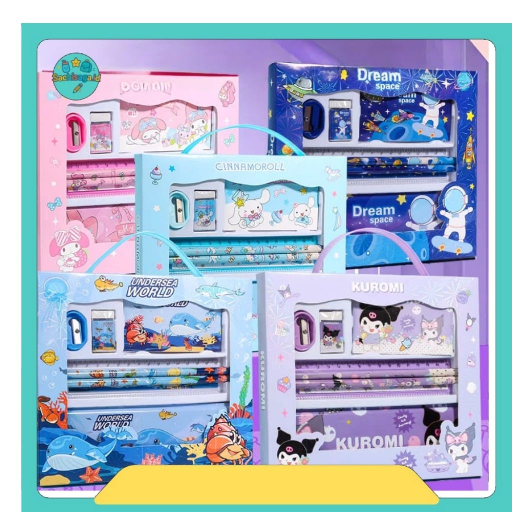 

Stationery set 7 in 1 dan 6 in 1 penggaris pensil penghapus rautan kotak pensil