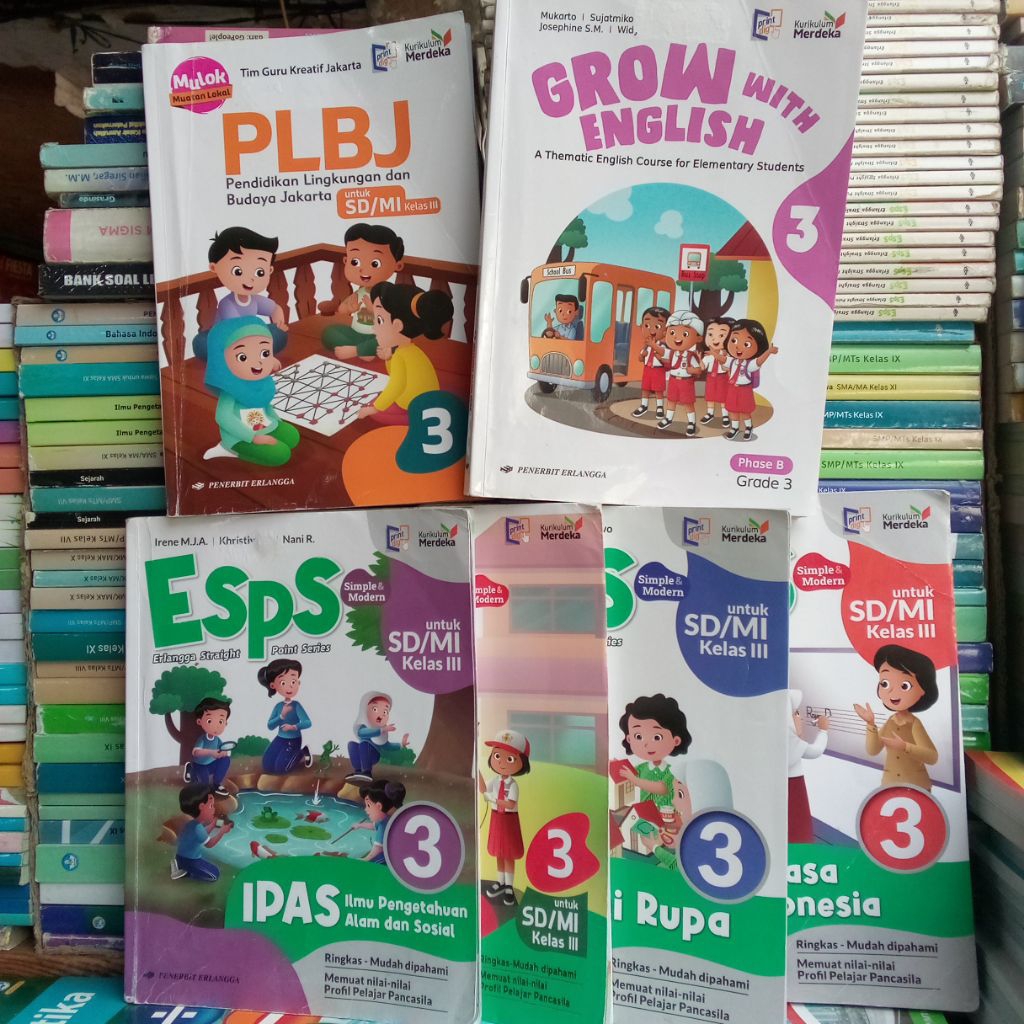 Buku Bekas PLBJ, grow with English, Ipas, Pendidikan Pancasila, Seni Rupa, Bahasa Indonesia. SD MI K