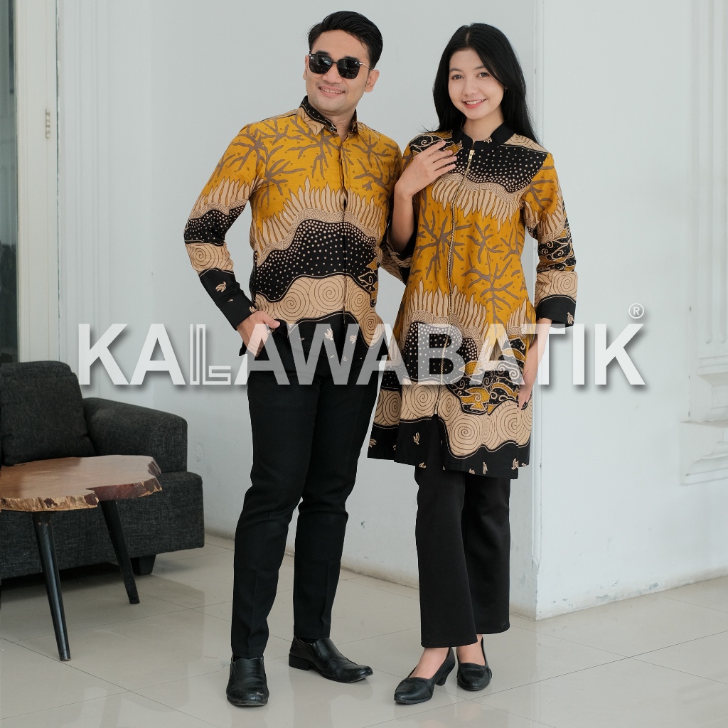 Batik Couple - Batik Tunik Wanita - Batik Pria Lengan Panjang - Motif Danarmaran Warna Kuning