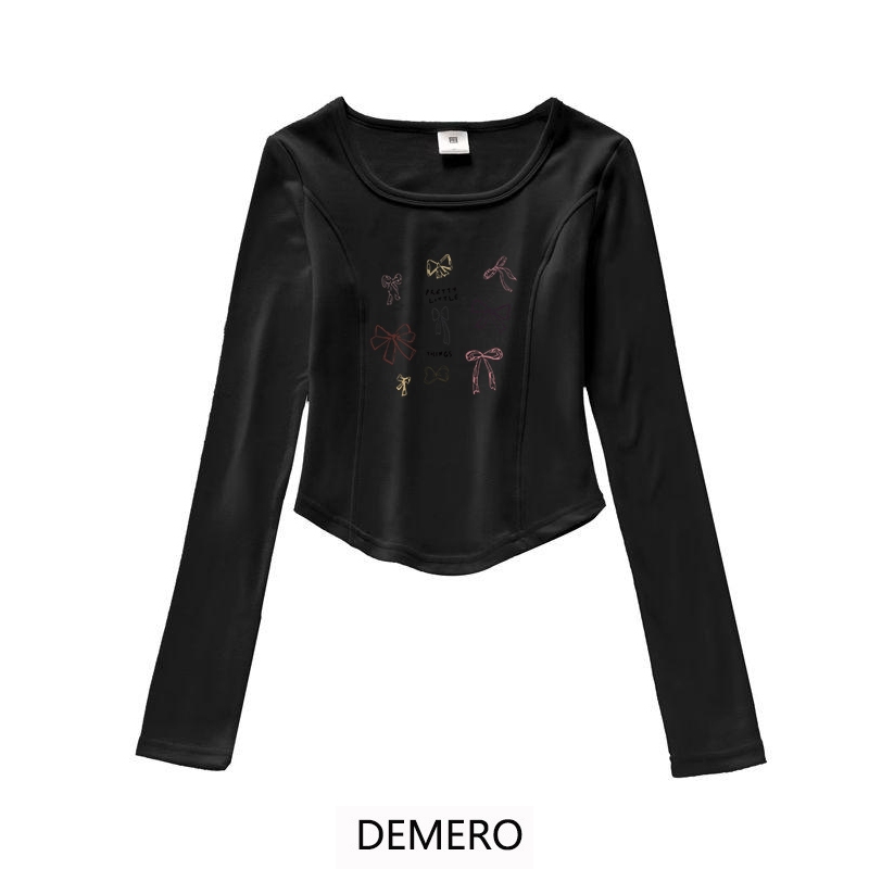 Demero Atasan Pendek Lengan Panjang Motif Kartun Cetak busur Mickey| Kaos Ketat Wanita Modern Korea 