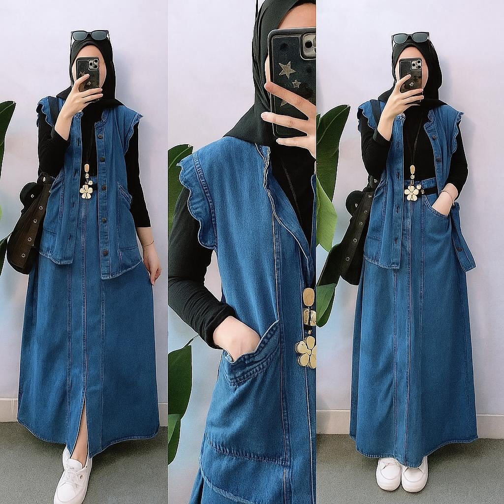 MaleaFashion Set Rok Jeans Belah Bahan Jeans Terbaru Setelan Wanita Atasan Vest + Rok Muslimah