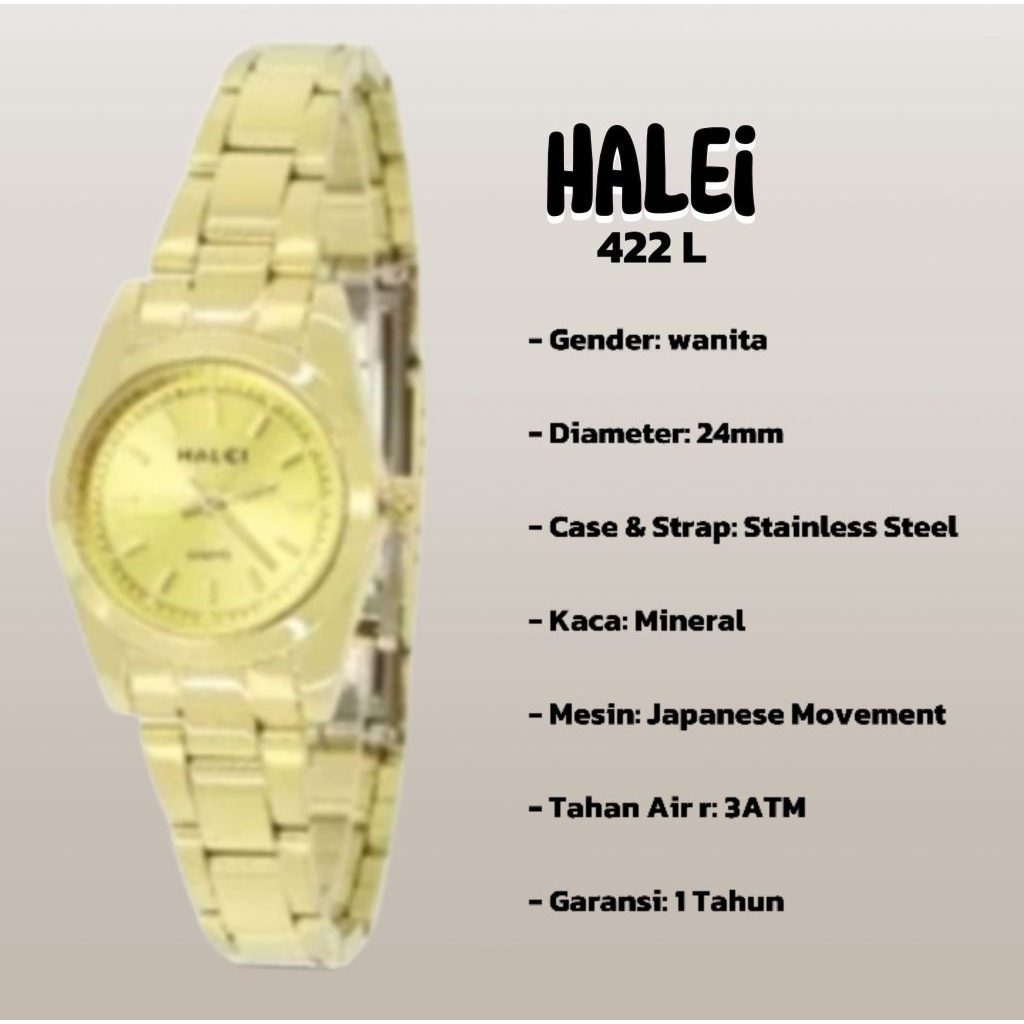 halei 422 L jam tangan wanita halei original fashion casual analog rantai stainless anti air