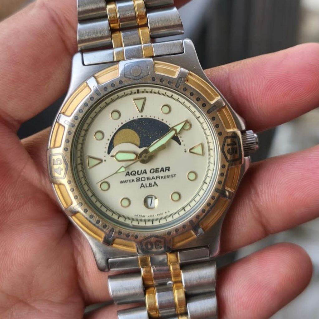 Jam Tangan Pria ALBA AQUA GEAR V338-6b20 MOONPHASE Vintage Rare 100%Original