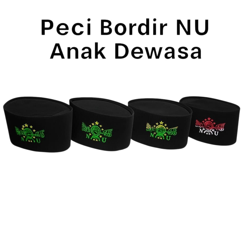 Peci songkok hitam motif NU bordir warna hijau anak dewasa bahan belusdru halus