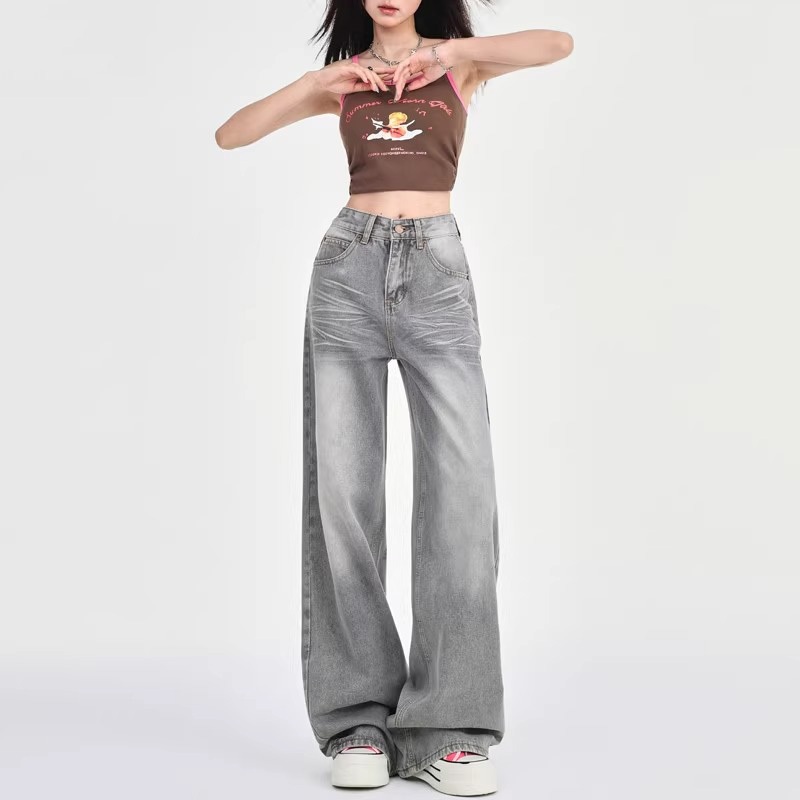 Alice Jeans-Celana Jeans Wanita Fashion Highwaist Kulot Loose Abu abu muda