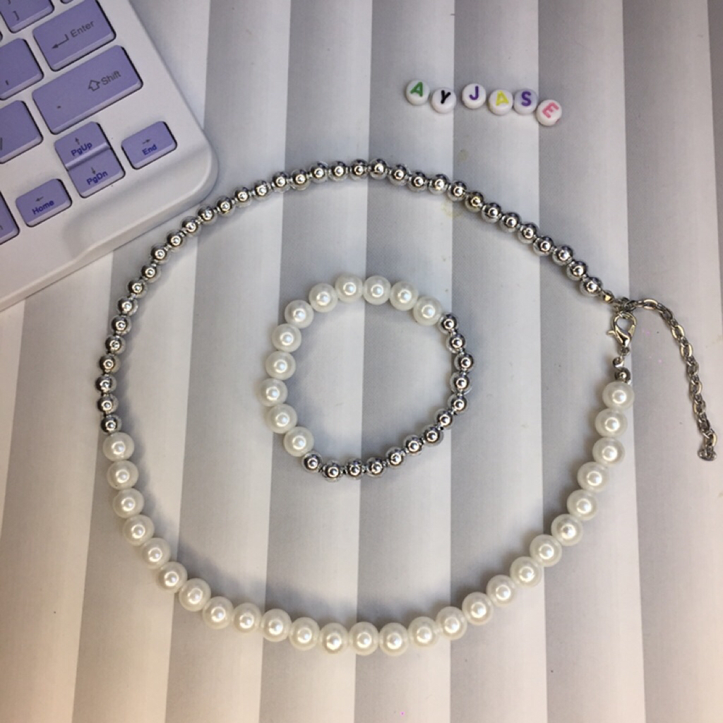 Ayjase Set Kalung Mutiara Ringan Warna Putih dan silver Korean Style