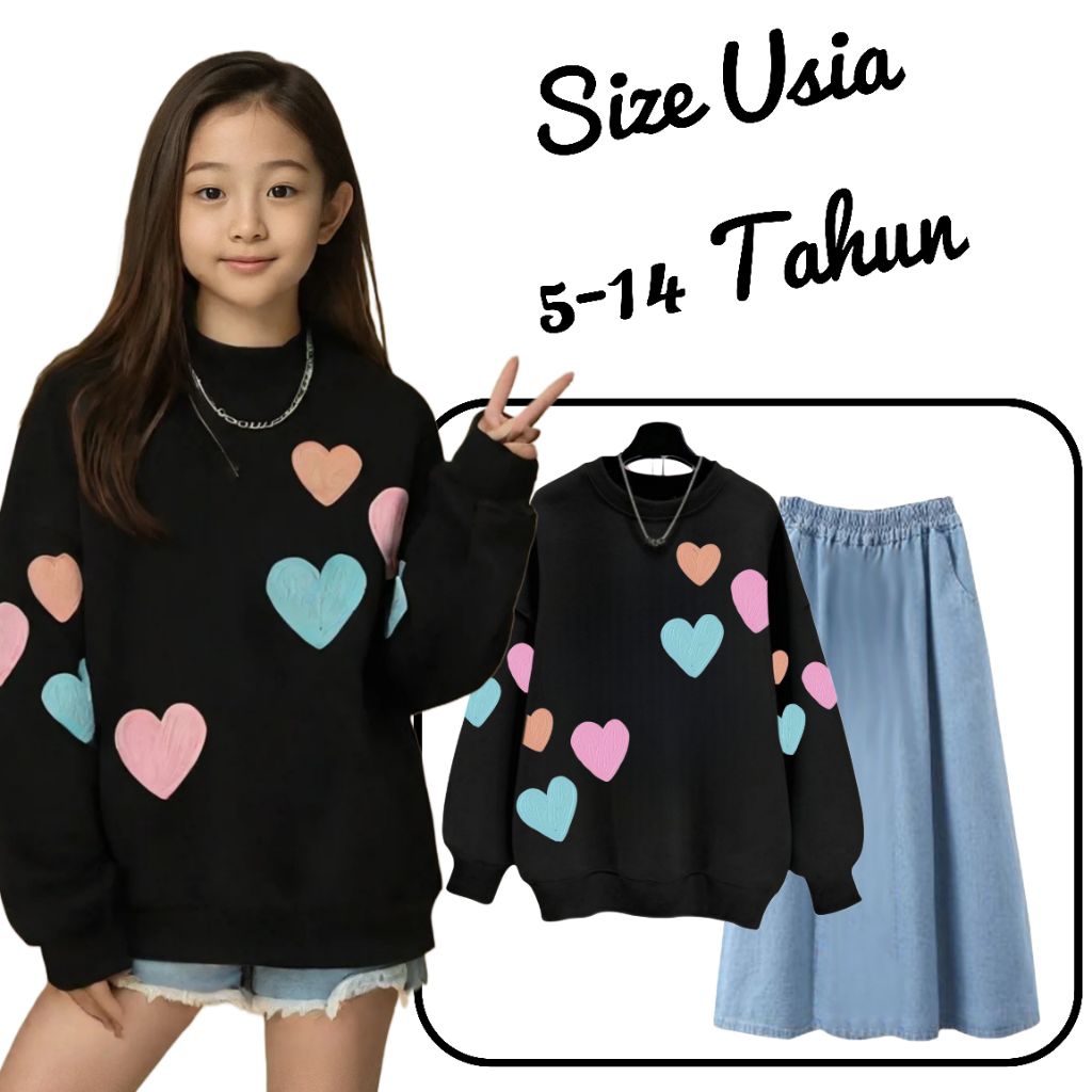SWEATER ANAM REMAJA PEREMPUAN LOVES COLOURFUL / SETELAN BAJU WANITA ROK SOFT JEANS / FASHION KEKINIA