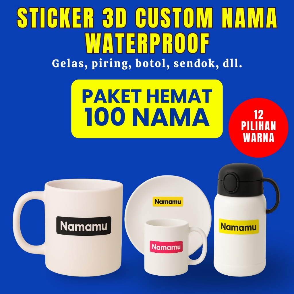 

100 PCS Stiker Barang Custom Nama Piring Sendok Botol Gelas Perabotan timbul waterproof label 3D