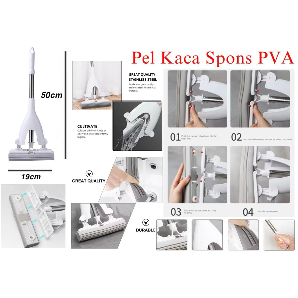 Pel Mop Gagang Pembersih Kaca Spons PVA Daya Serap Tinggi / Alat Pel Pembersih Jendela Kaca Lantai