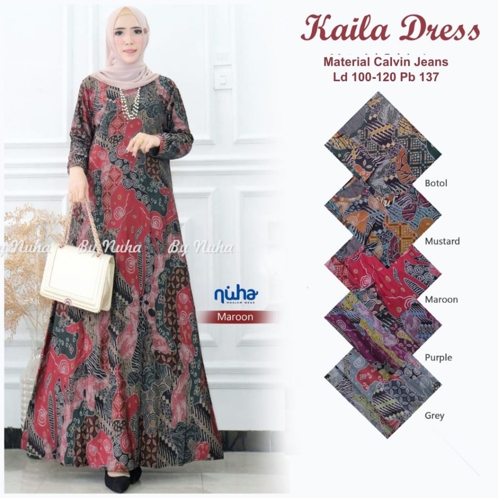 Kaila Dress BY NUHA Gamis Batik Modern Harian Cantik Simple Elegan Bahan Calvin Jeans Melar Jatuh