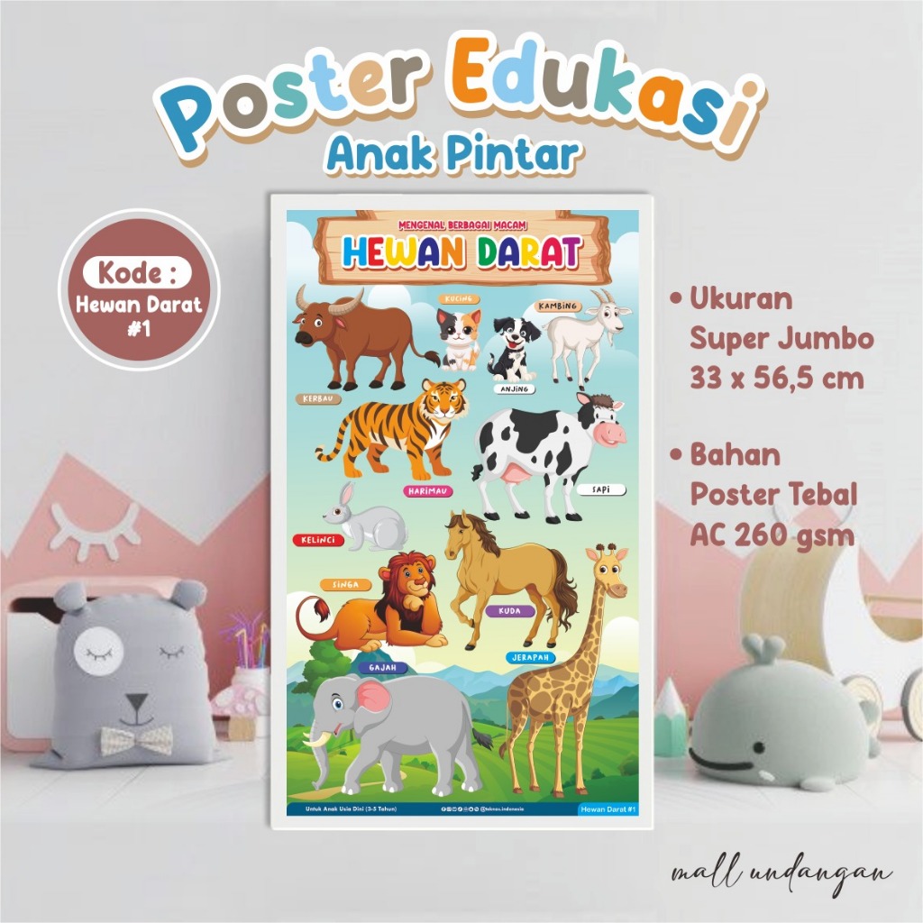 POSTER BELAJAR ANAK PINTAR [TEMA HEWAN DARAT] - POSTER EDUKASI DINDING ANAK READY STOCK