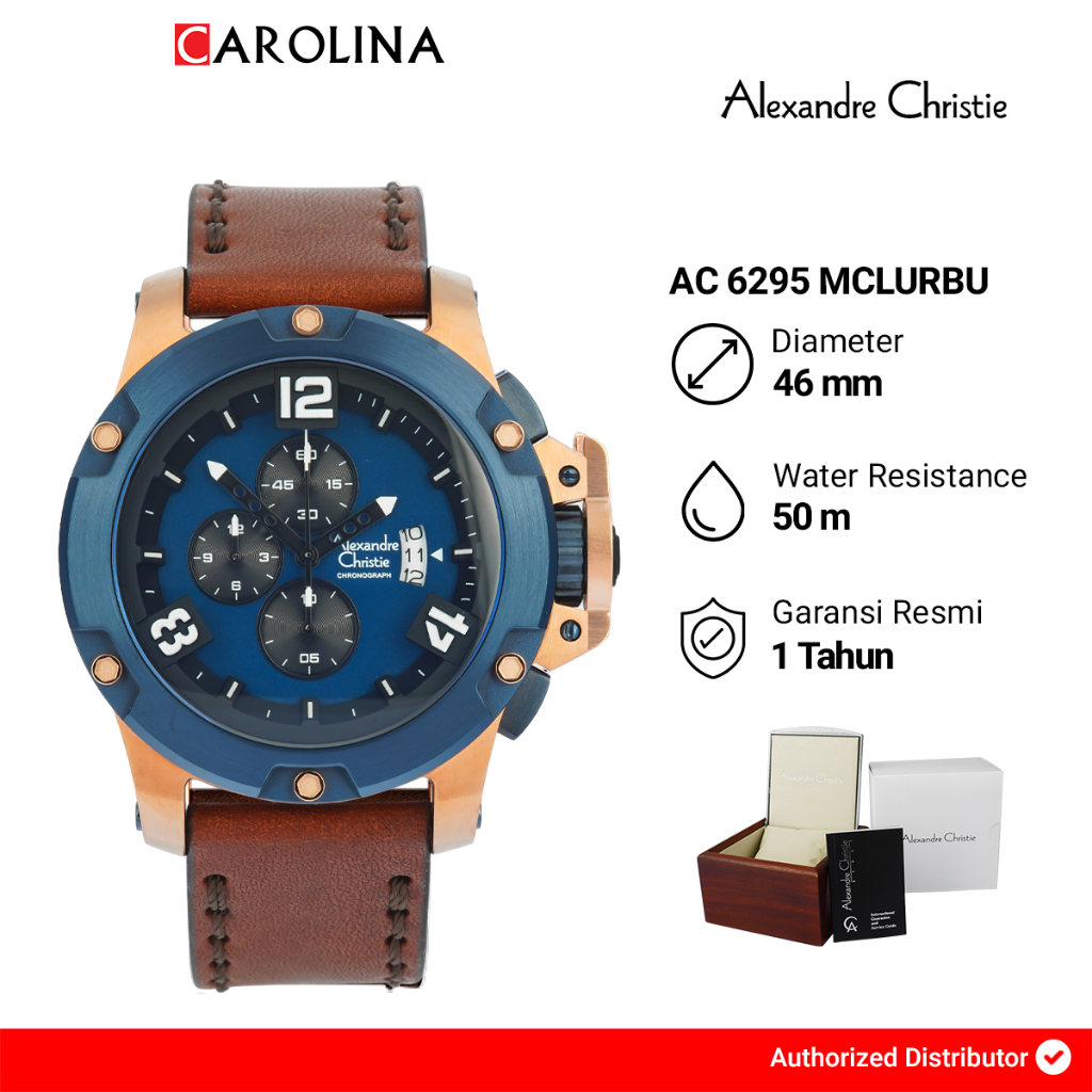 Jam Tangan Pria Alexandre Christie Chronograph AC 6295 MCLURBU Blue Dial Brown Leather Strap
