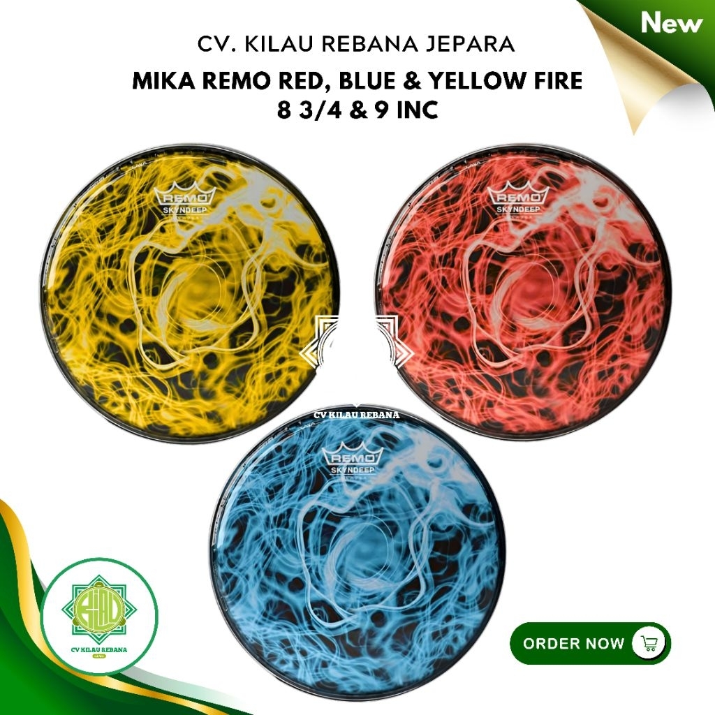 Mika Darbuka REMO 9 Inc & 8 3/4 Inc Red Fire, Blue Fire, Yellow Fire & Coklat Fiskhin Import USA