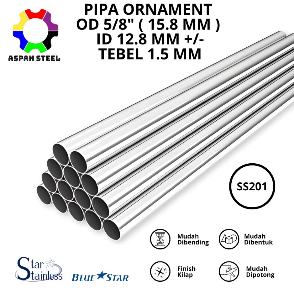Pipa 5/8 inch (15.8 MM) stainless steeltebel 1.5 mm  201