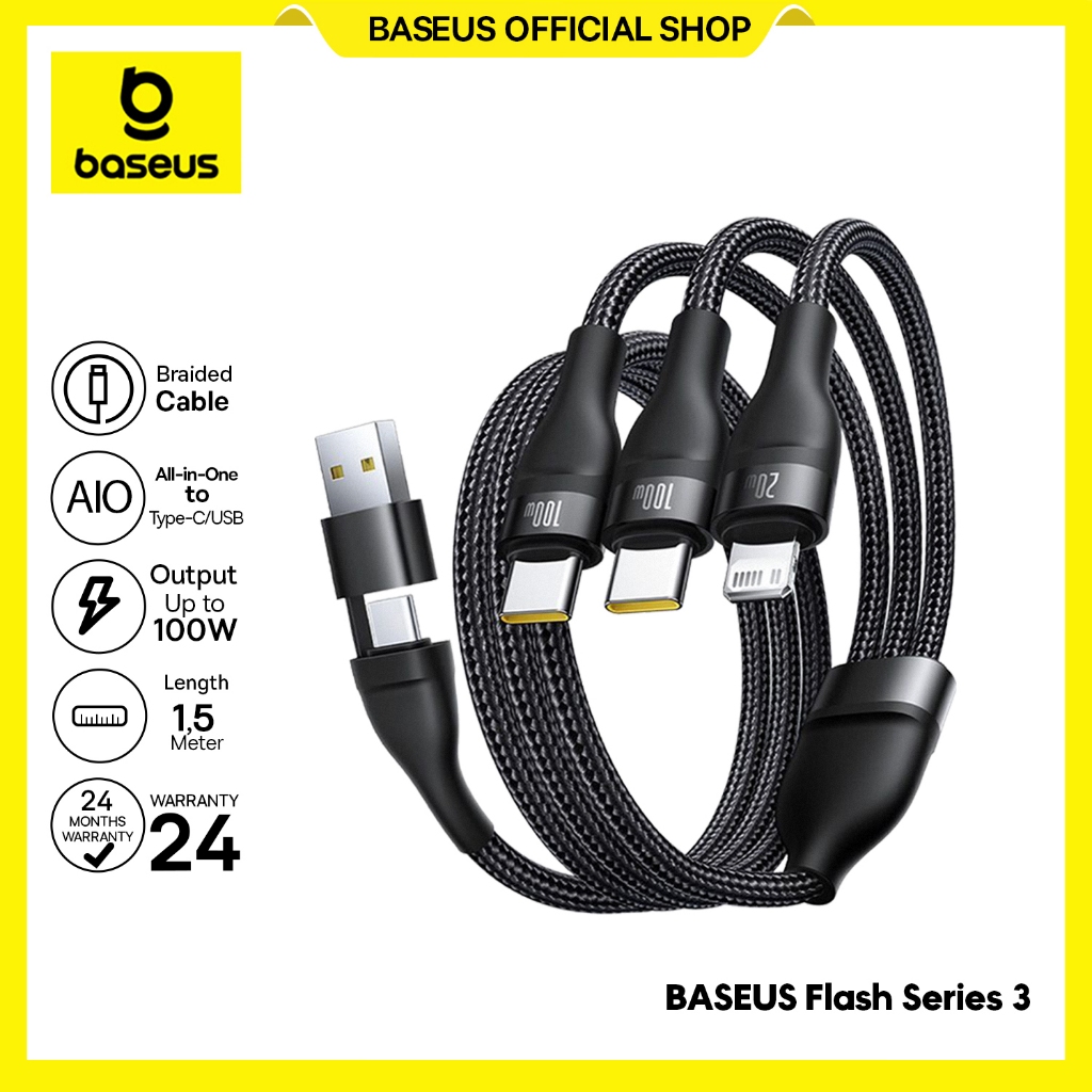 Baseus Cable Data 100W Flash Series 3 Fast Charging Cable U+C to C+C+L 1.5m Type-C Lighting