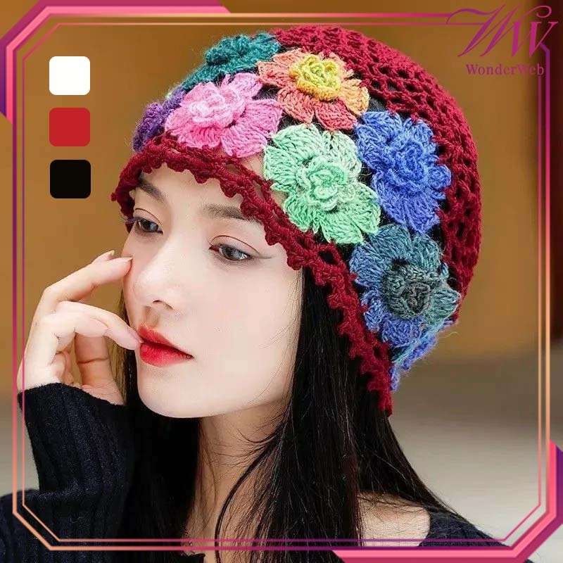 Topi Rajut Tangan Hollow Bohemian Topi Bunga Topi Rajut Wanita Kupluk Rajut Wanita Korea Topi Rajut 