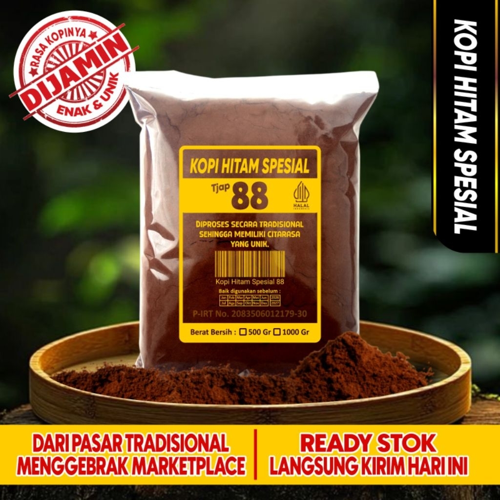 

PROMO!!! Kopi bubuk hitam spesial dan fresh 1kg terdaftar di P-IRT | Tjap88 | Black coffee | cocok untuk konsumsi pribadi,warung, angkringan,cafe, rumah makan, restoran, toko, oleh-oleh, minuman kesehatan