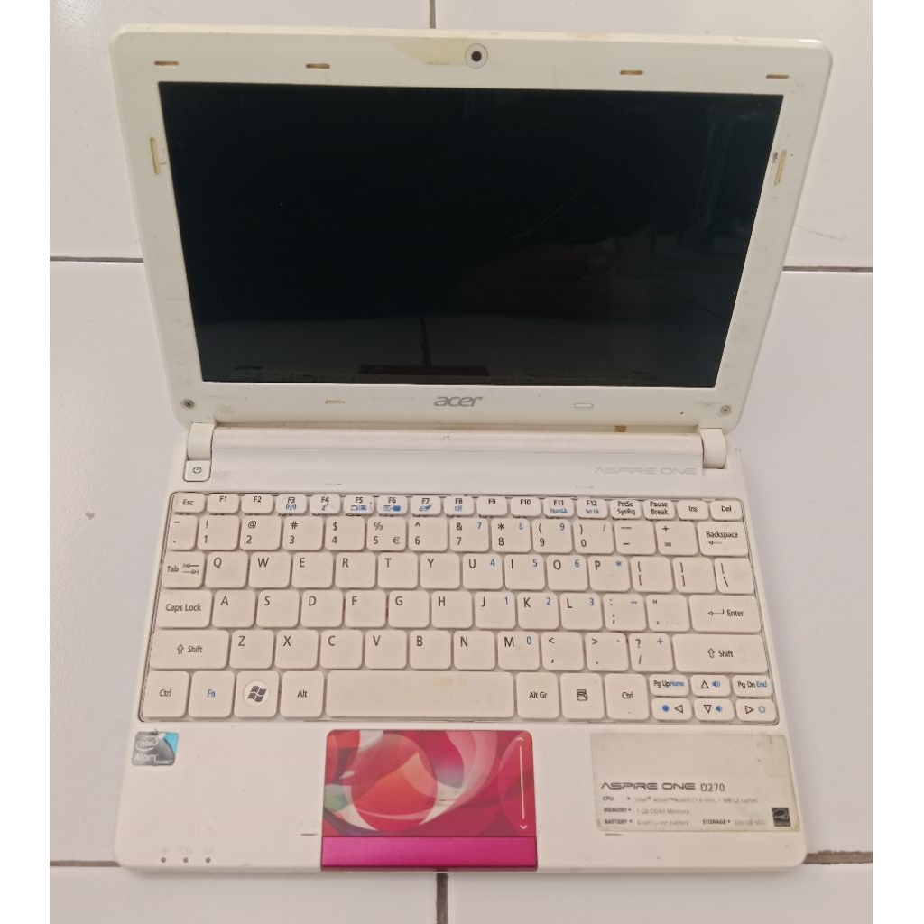 Notebook Acer Aspire one D270 Intel atom DDR3 kondisi mati/matot LCD pecah, tidak ada hardisk & char
