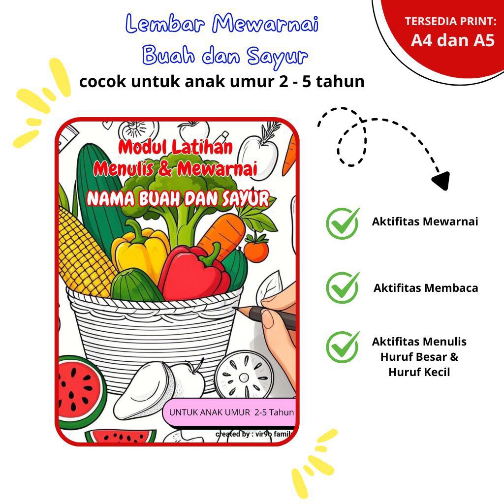 

Worsheet Anak Ukuran A4 Coloring Sheet Lembar Mewarnai untuk anak pre-school/PAUD/TK usia 2-5 tahun