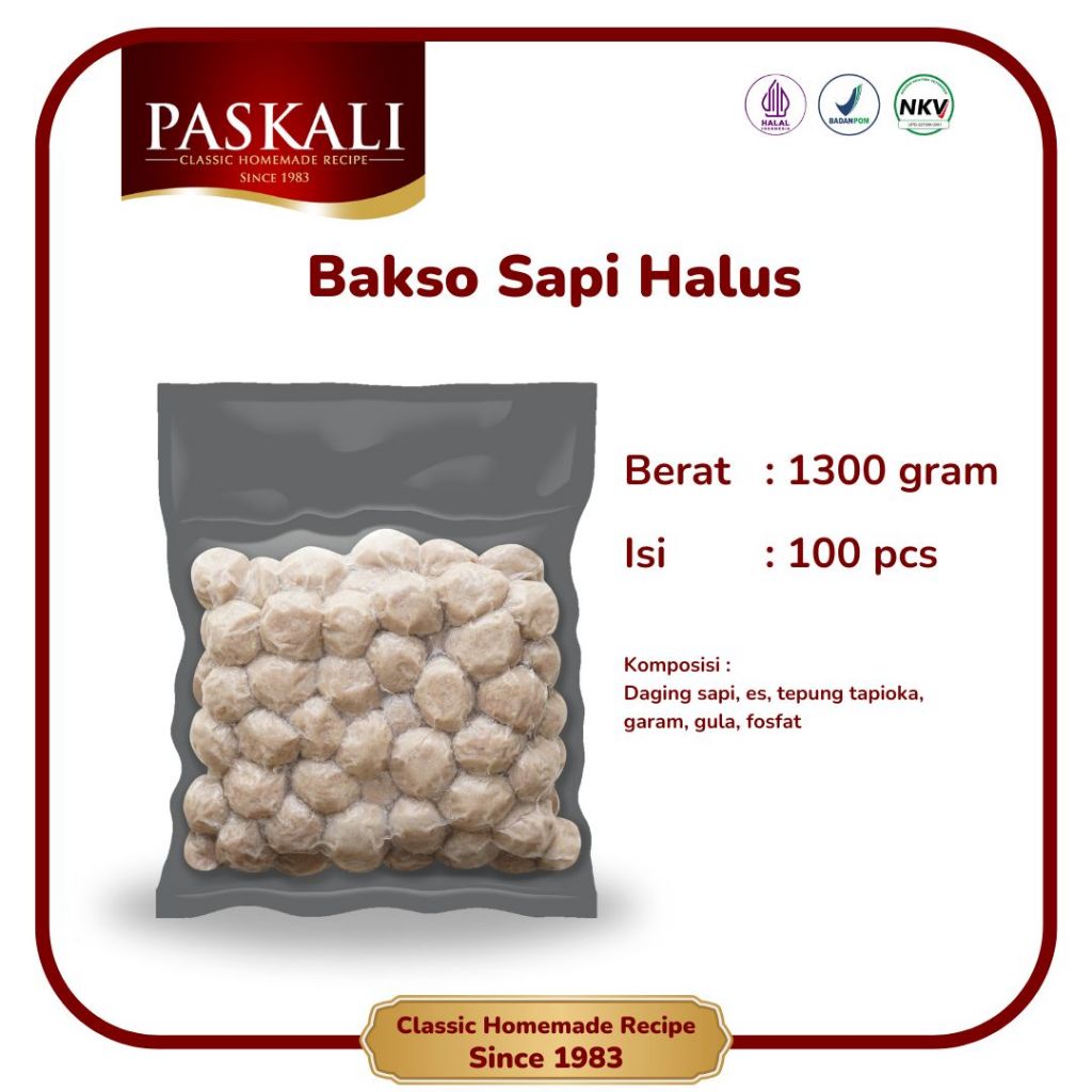 

Bakso Sapi Halus Paskali 1300 Gram Isi 100 Pcs