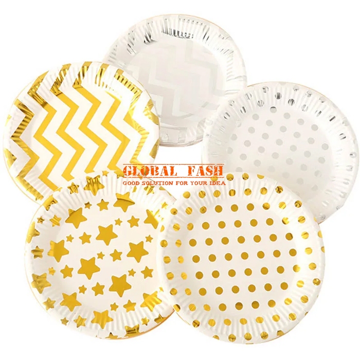 Piring Kue Motif gold besar / Paper Plate motif gold / piring kue kertas pesta ulang tahun motif gol