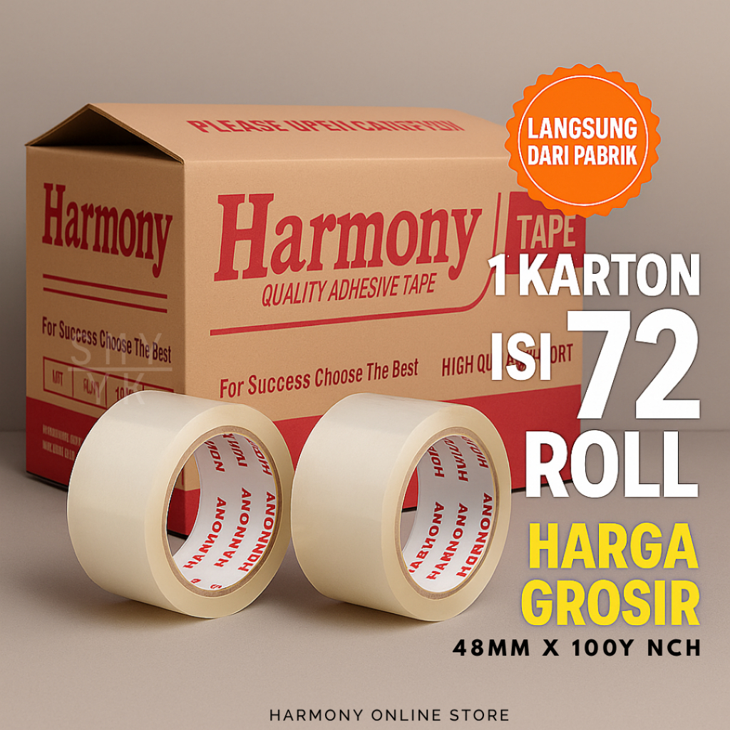 

Lakban Bening Harmony 48mm x 100 Yard Ukuran NACHI | 1 Karton Isi 72 Roll | Lakban OPP Tebal Harga Grosir Langsung Pabrik